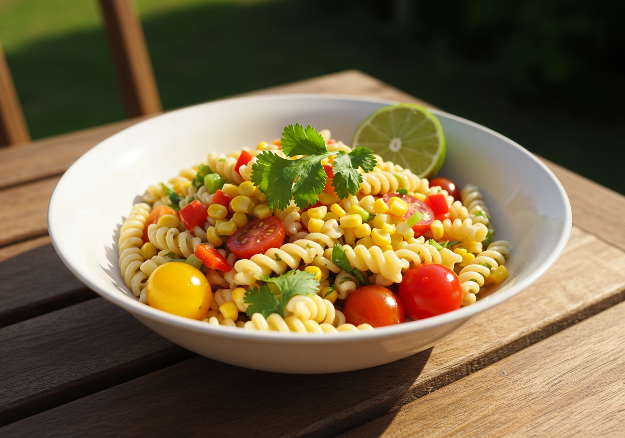 A vibrant bowl of summer street corn pasta salad, garnished with fresh cilantro and a lime wedge, placed on a rustic wooden table outdoors in summer light.