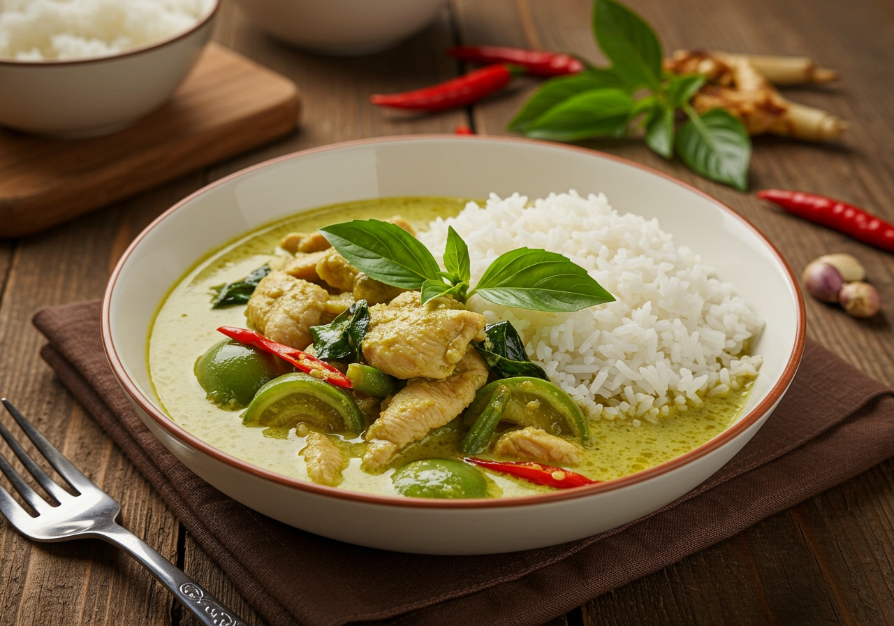 A vibrant bowl of Thai green curry with rice, garnished with basil leaves, set on a wooden table.