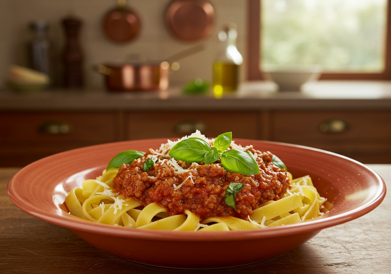 A vibrant bowl of Valerie-style Bolognese sauce served over perfectly cooked tagliatelle, garnished with fresh basil and grated Parmesan cheese, with a rustic kitchen background.