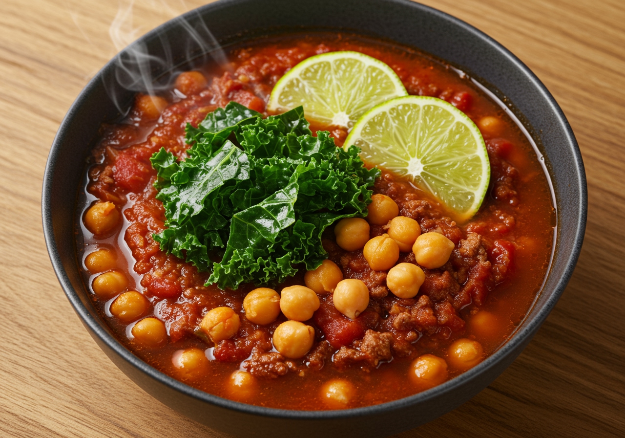 A vibrant bowl of vegan chili with chickpeas, kale, and lime wedges on top, viewed from above, with steam rising slightly. The background is a rustic wooden table setting.