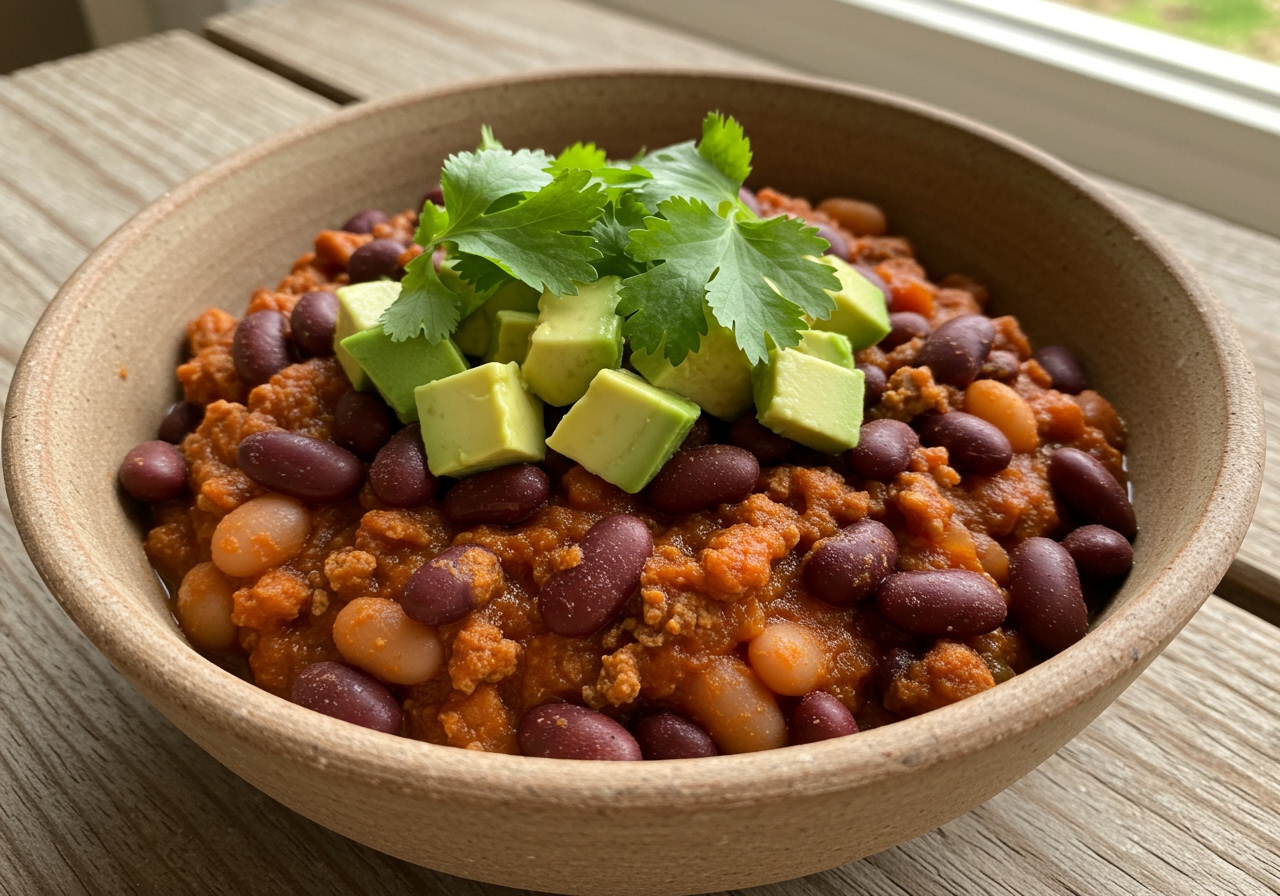 A vibrant bowl of vegetarian three-bean chili topped with fresh cilantro and avocado, served in a rustic ceramic bowl.