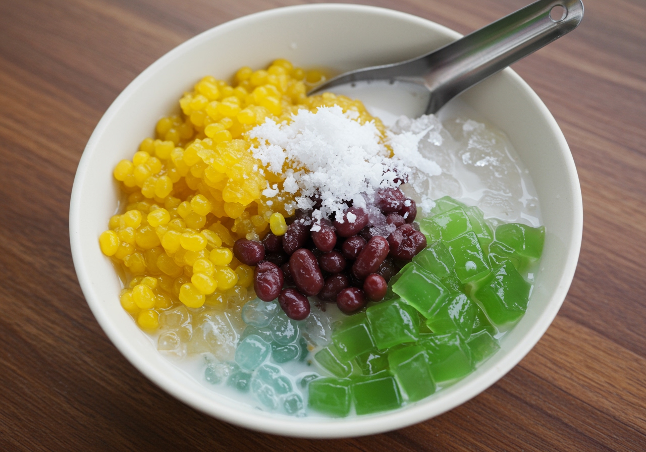A vibrant bowl of Vietnamese Chè Ba Màu (three-color dessert) with distinct layers of yellow mung bean paste, green jelly, and red beans, topped with crushed ice and white coconut milk, viewed from above.