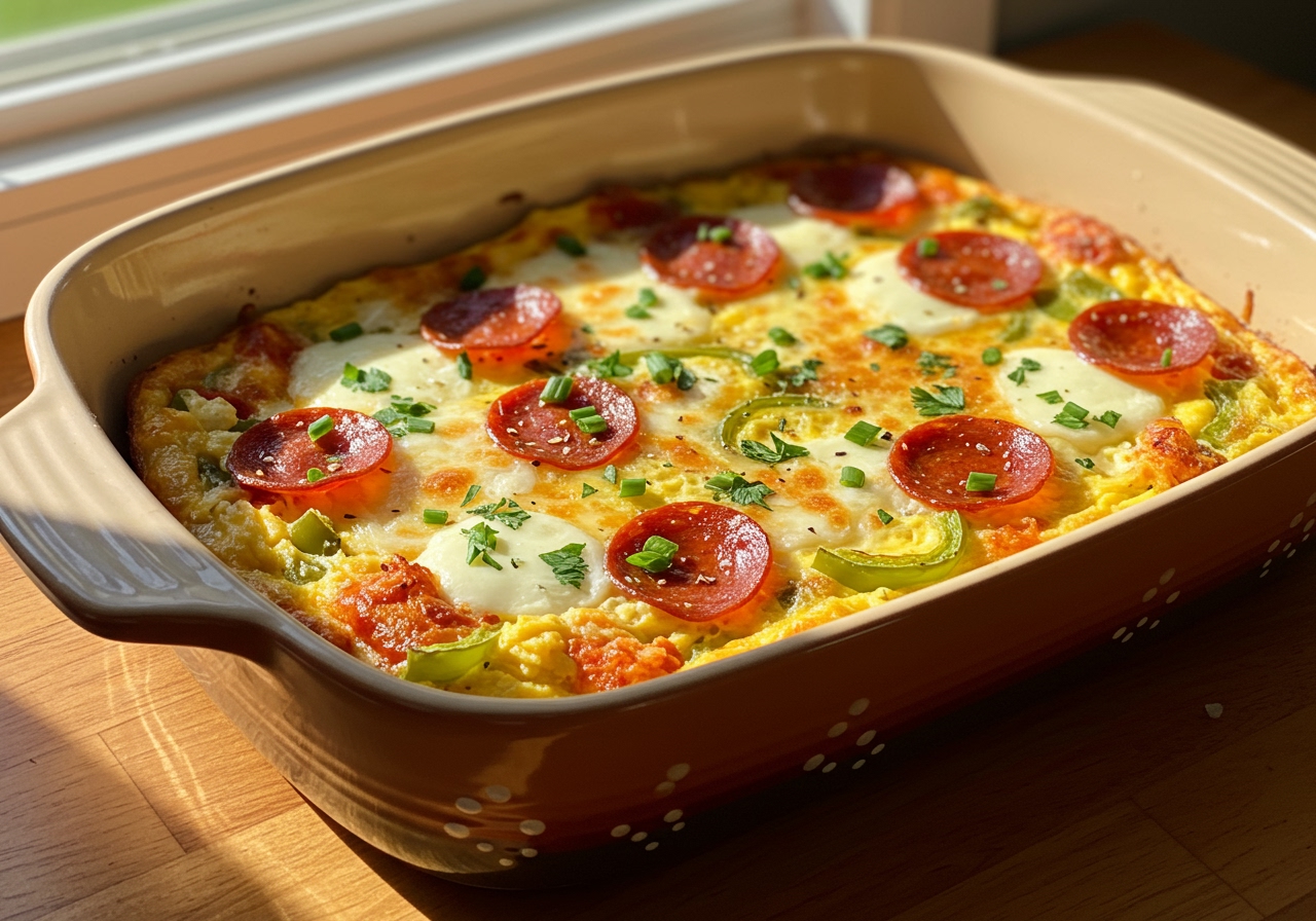 A vibrant breakfast casserole made from leftover pizza, baked in a ceramic dish, with fresh herbs sprinkled on top. Sunlight streams in from a window.