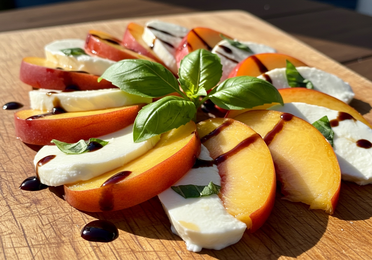A vibrant caprese salad featuring sliced ripe peaches instead of tomatoes, paired with mozzarella and fresh basil leaves, drizzled with balsamic glaze.