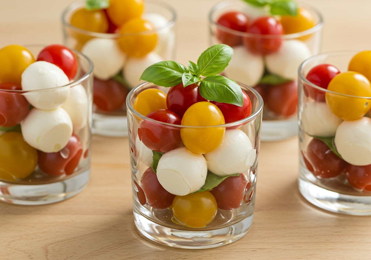 A vibrant caprese salad using yellow and red cherry tomatoes, mini mozzarella balls, and small basil leaves, served in individual glasses.