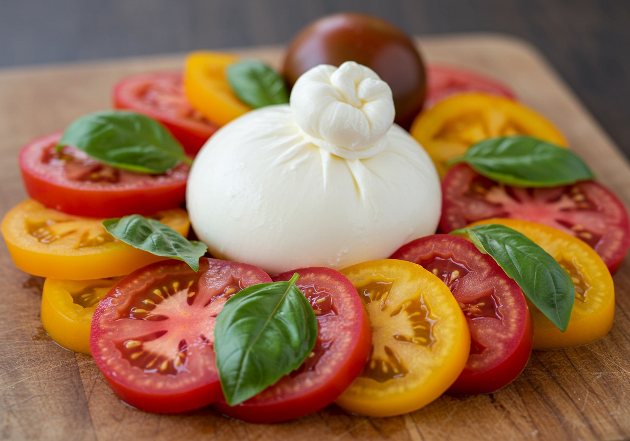 A vibrant Caprese salad variation featuring burrata cheese, colorful heirloom tomatoes, and fresh basil leaves.