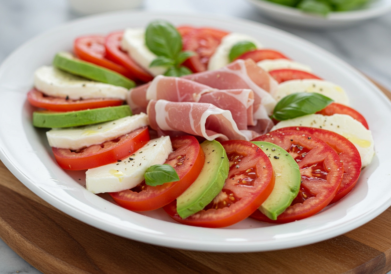 A vibrant Caprese salad variation incorporating sliced avocado and draped prosciutto, beautifully arranged on a platter.