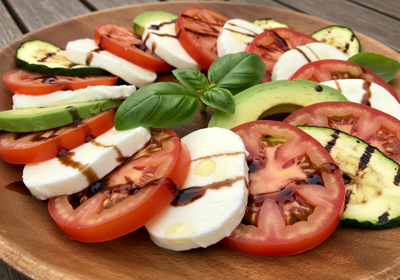 A vibrant Caprese salad variation incorporating slices of ripe avocado and grilled zucchini alongside the traditional tomato, mozzarella, and basil.