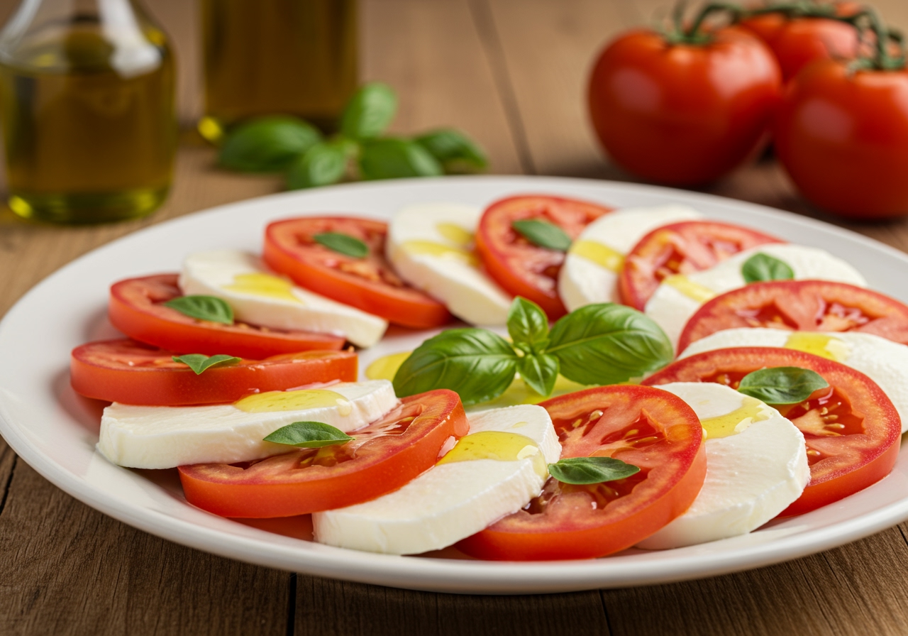 A vibrant caprese salad with sliced tomatoes, fresh mozzarella, and basil leaves, drizzled with olive oil, artfully arranged on a white plate.