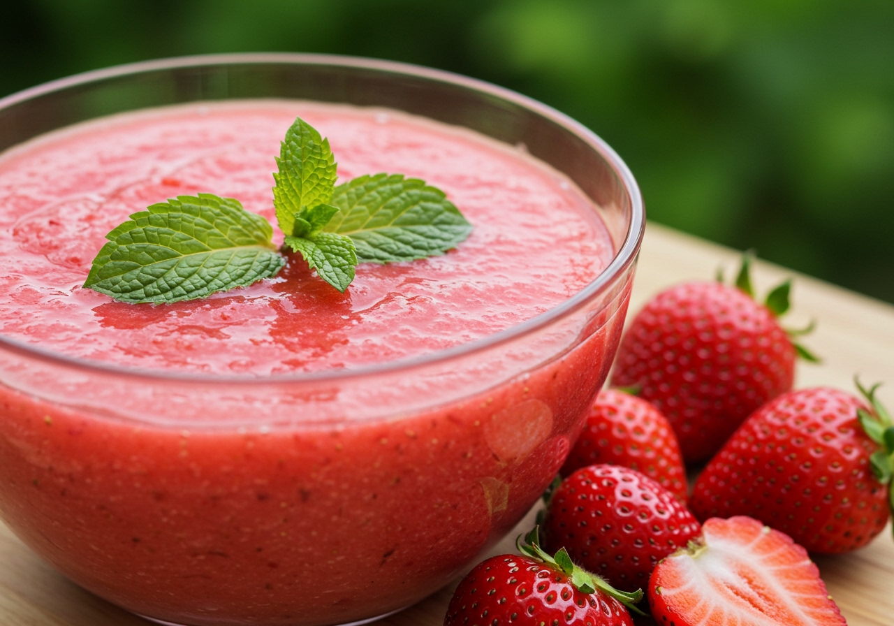 A vibrant, chilled strawberry gazpacho served in a glass bowl, garnished with a mint leaf, with fresh strawberries scattered around.