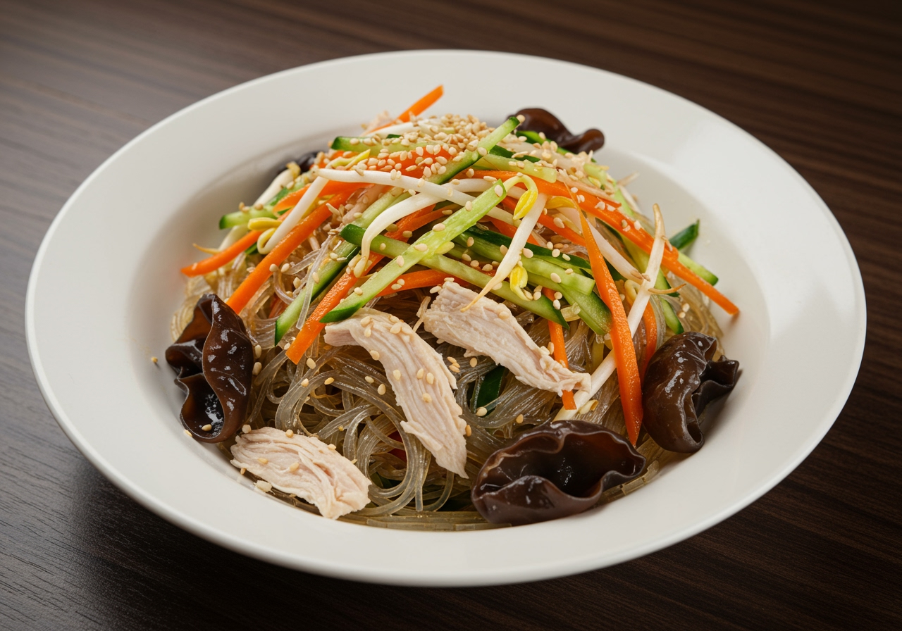 A vibrant Chinese cold glass noodle salad (Liangban Fensi) with shredded vegetables, wood ear mushrooms, and possibly some protein like shredded chicken or ham, presented in a bowl.