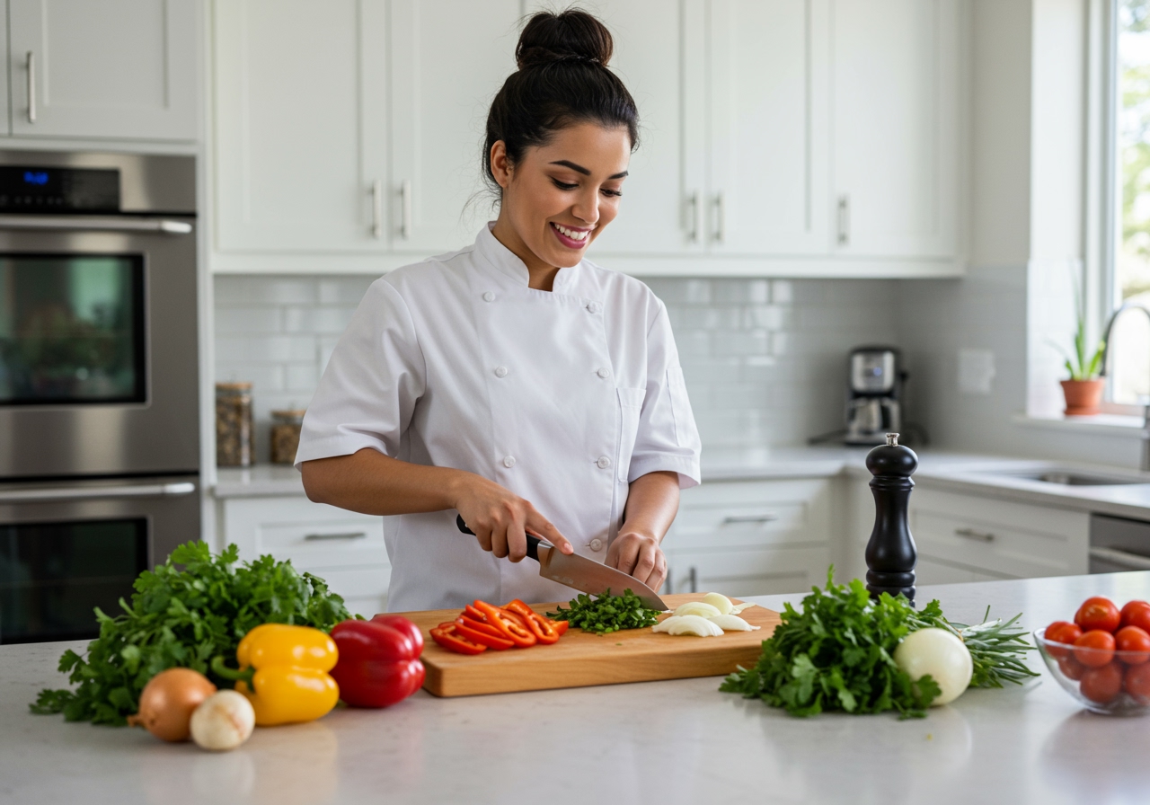 A vibrant, clean kitchen with various fresh ingredients, a person quickly chopping vegetables, demonstrating efficiency and ease.