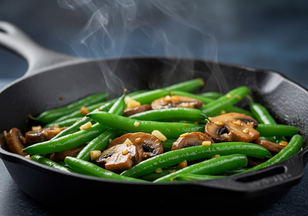 A vibrant close-up of a freshly sautéed green bean and mushroom dish in a pan, showing steam rising.