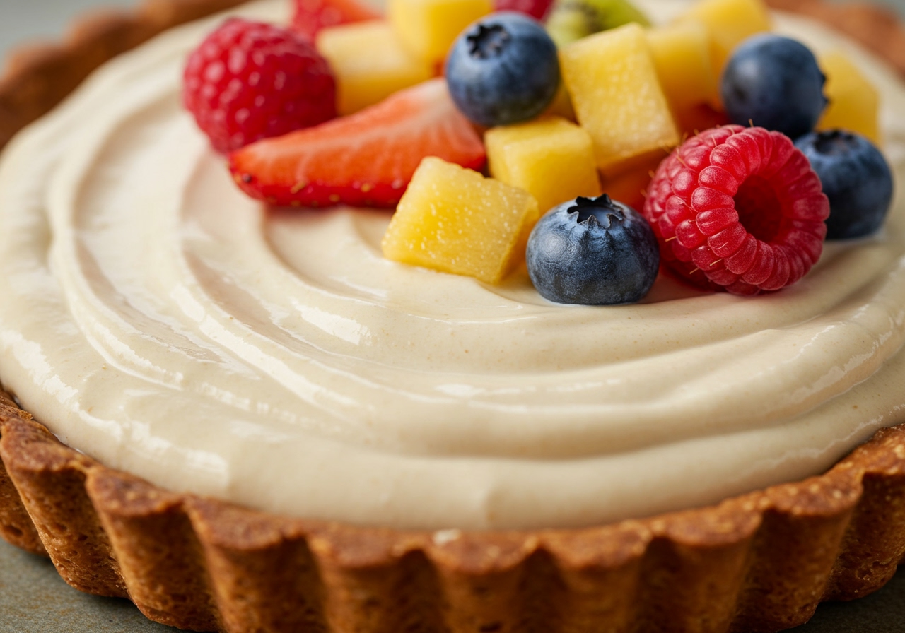 A vibrant close-up of a healthy pretzel tart filling, showing a swirl of creamy texture possibly made with yogurt or nuts, topped with colorful fruit.