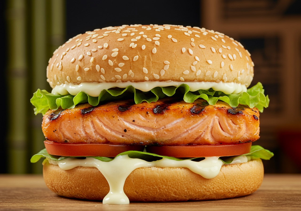 A vibrant close-up of a perfectly grilled Asian salmon burger on a sesame bun, with fresh lettuce, tomato, and a creamy sauce drizzling out. The background is slightly blurred with an Asian-inspired setting, perhaps with some bamboo or subtle oriental patterns.