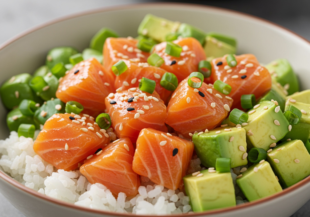 A vibrant close-up of a salmon and avocado rice bowl with various toppings like sesame seeds and chopped green onions, showing the beautiful colors and textures.