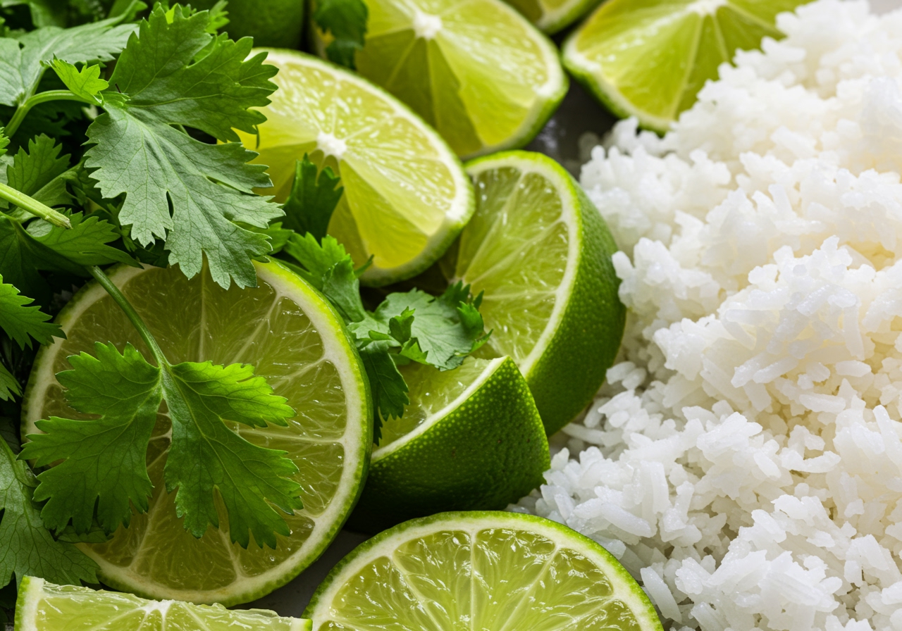 A vibrant close-up of fresh lime wedges, green cilantro leaves, and cooked rice, suggesting the key ingredients of the dish.