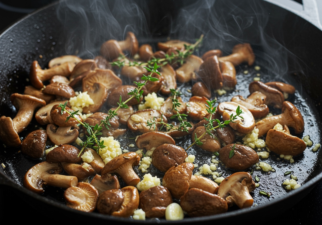A vibrant close-up of mixed wild mushrooms, like shiitake and cremini, being sautéed in a pan with garlic and fresh thyme, steam rising.