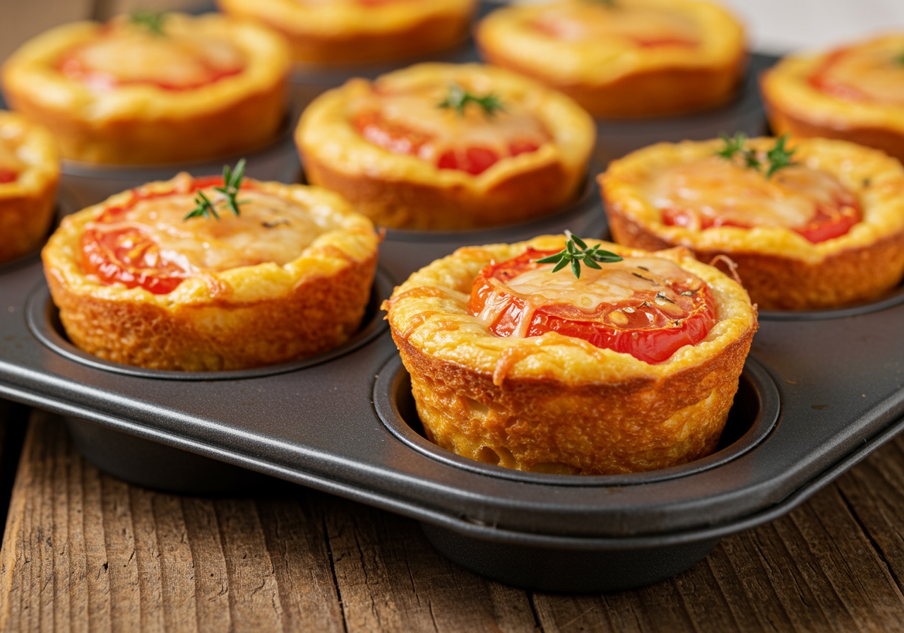 A vibrant close-up of several baked healthy bacon and tomato cups, golden brown edges, with melted cheese and fresh herbs on top, sitting in a muffin tin, on a rustic wooden table.