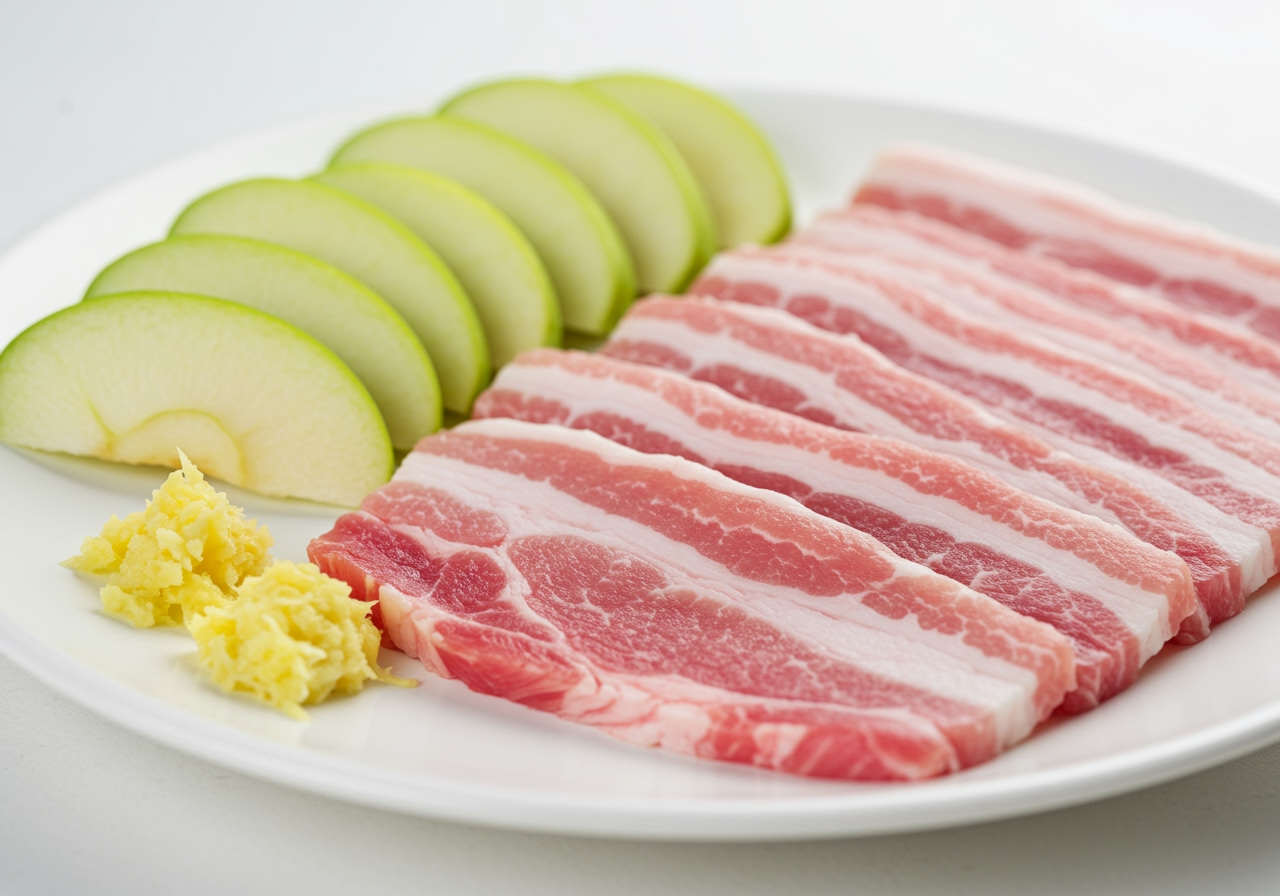 A vibrant close-up of thinly sliced pork, fresh green apple wedges, and finely grated ginger, arranged artfully on a white plate, ready for cooking.