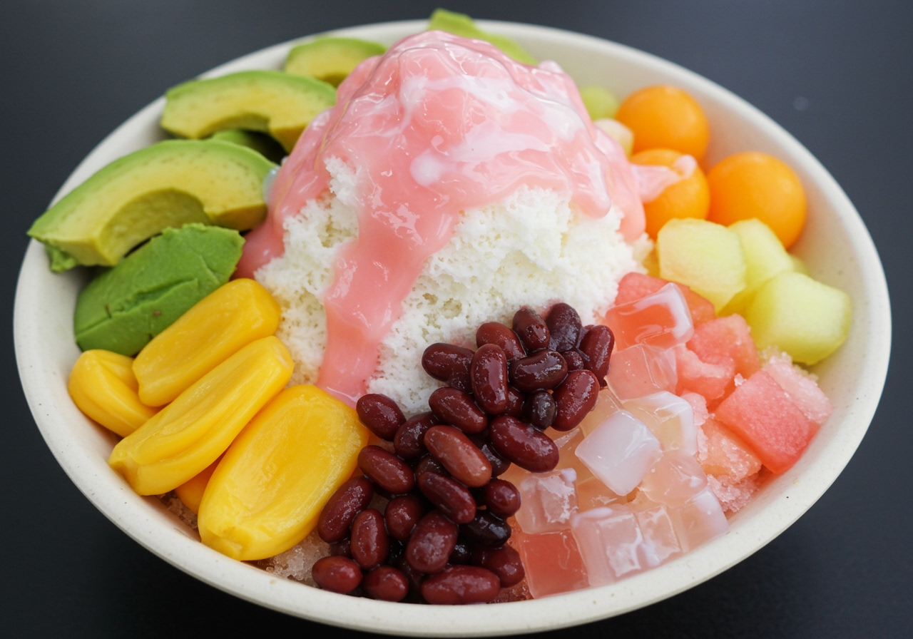 A vibrant close-up photo of Es Campur in a bowl, showing colorful fruits like avocado, jackfruit, melon, red beans, and jellies over shaved ice, drizzled with pink syrup and white condensed milk.