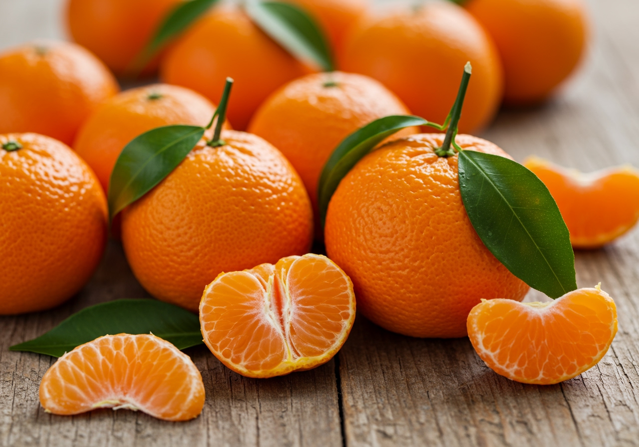 A vibrant, close-up photo of fresh mandarin oranges with some leaves, scattered on a rustic wooden surface.