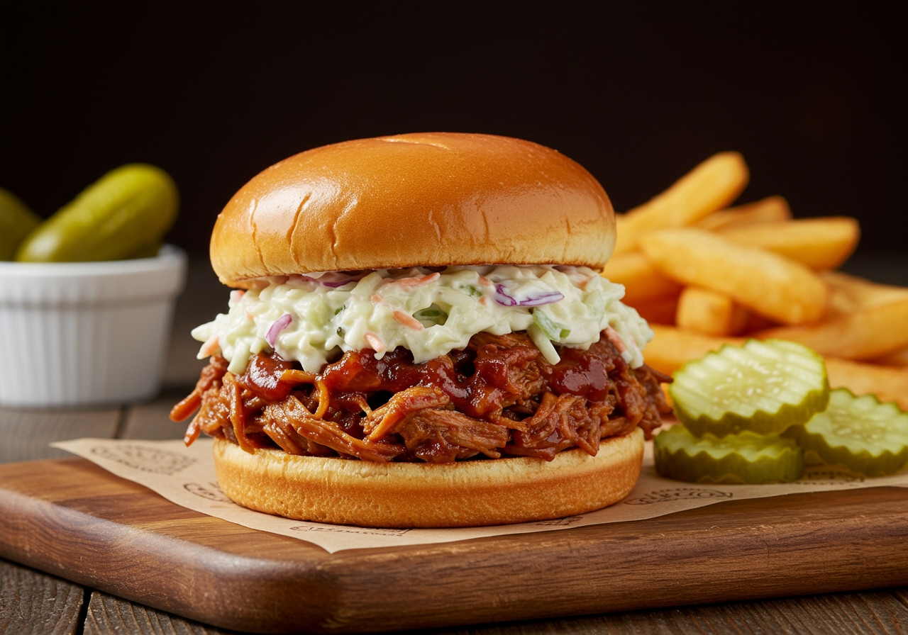 A vibrant, close-up shot of a BBQ pulled pork sandwich topped with a generous amount of creamy coleslaw, served on a rustic wooden board with a side of pickles.