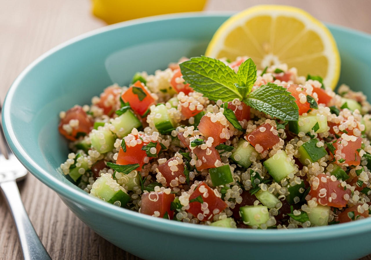 A vibrant, close-up shot of a bowl of quinoa tabbouleh salad, showing the texture of the quinoa, finely chopped parsley, tomatoes, cucumber, and mint, with a lemon wedge on the side.