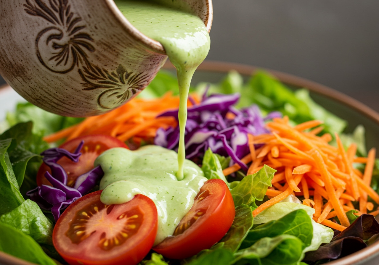 A vibrant, close-up shot of a creamy green goddess dressing being poured from a small pitcher onto a fresh, colorful salad mix.