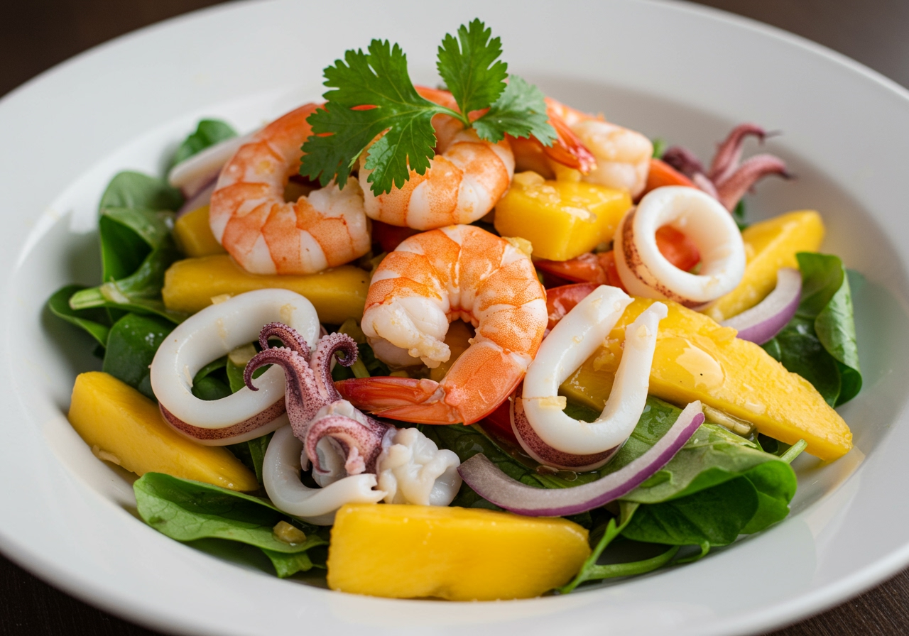 A vibrant close-up shot of a finished shrimp, squid, and mango salad, showcasing the bright colors of the mango, pink shrimp, white squid, and fresh greens, perhaps with a drizzle of dressing visible.