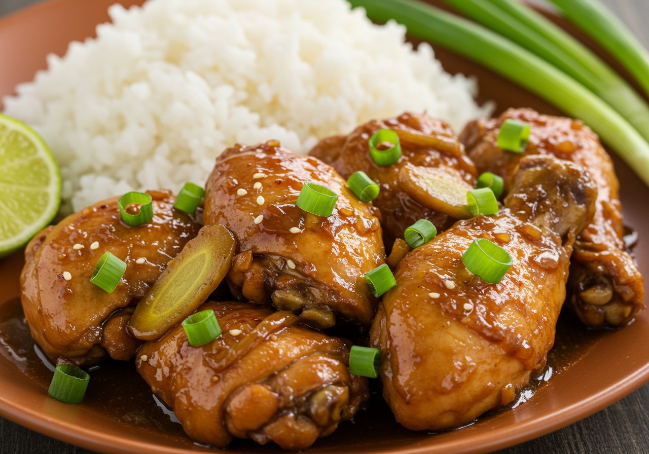 A vibrant, close-up shot of a healthy ginger-flavored adobo chicken dish, served with a sprinkle of fresh green onions and a side of fluffy white rice. The chicken pieces are glistening with a savory, dark sauce, and slices of ginger are visible among the chicken.