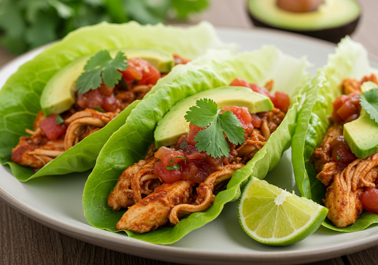 A vibrant, close-up shot of a healthy low-carb chicken taco in a crisp lettuce wrap, topped with avocado, salsa, cilantro, and a squeeze of lime. Focus on fresh ingredients.