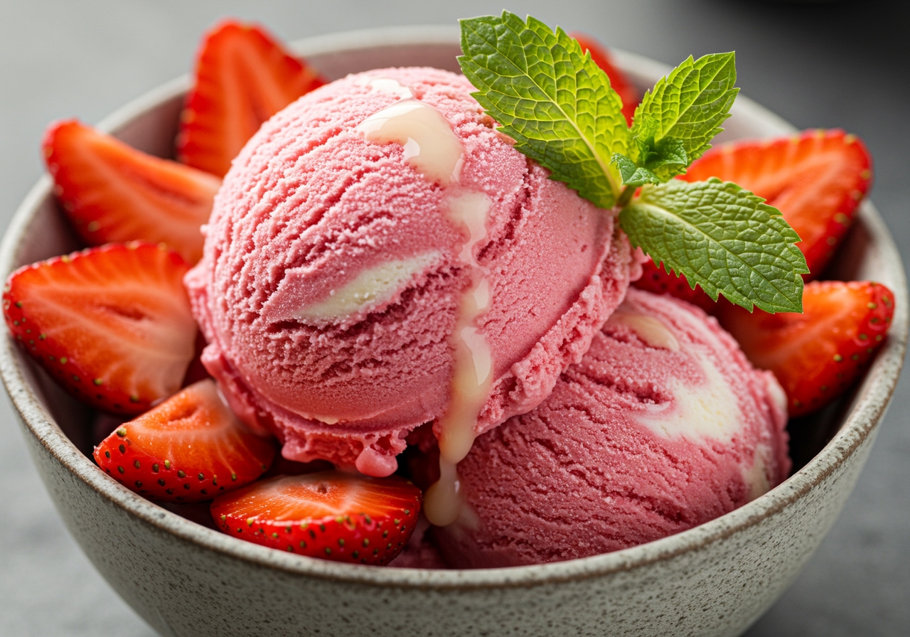 A vibrant, close-up shot of a scoop of homemade strawberry ice cream in a bowl, garnished with fresh sliced strawberries and a mint leaf, sparkling with frosty goodness.