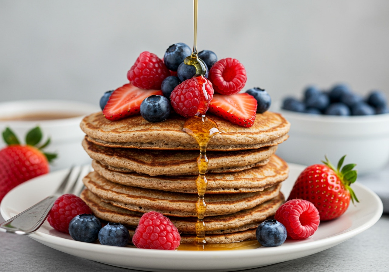 A vibrant close-up shot of a stack of vegan whole wheat pancakes topped with fresh berries (strawberries, blueberries, raspberries) and a drizzle of maple syrup, highlighting the healthy toppings.