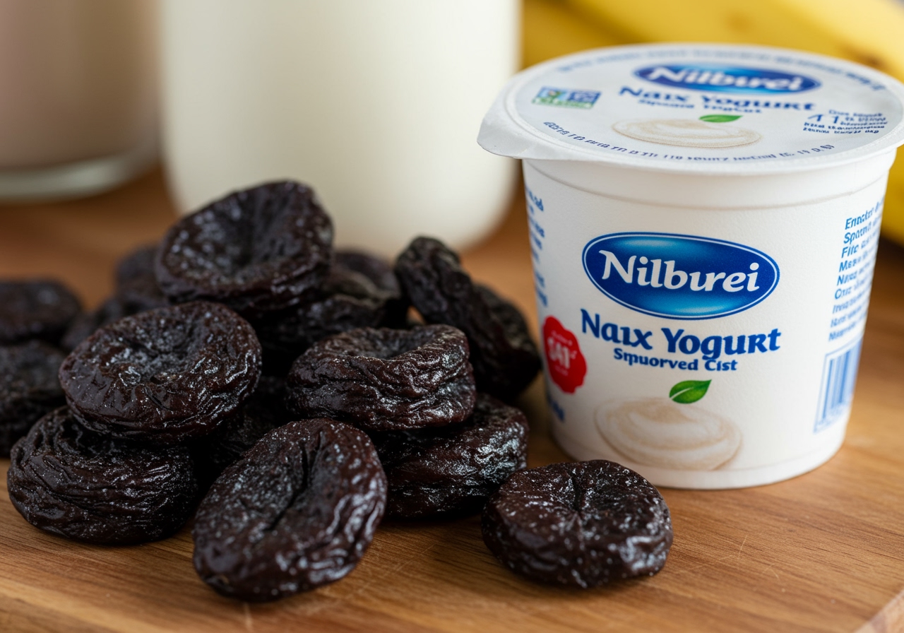 A vibrant close-up shot of dried prunes and a container of natural yogurt side-by-side, perhaps with some other smoothie ingredients like milk or banana in the background. The focus should be on the key ingredients for the smoothie.