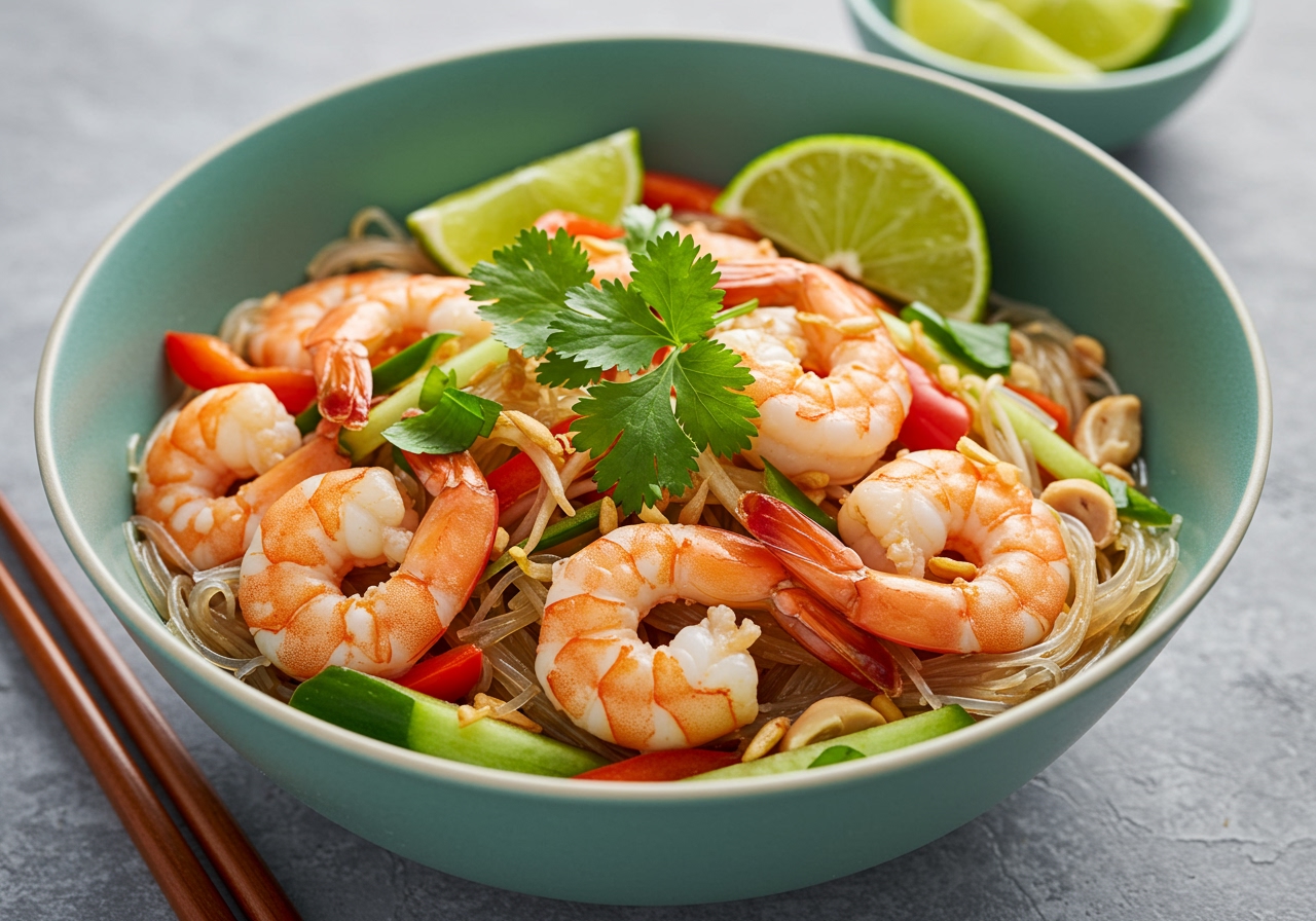 A vibrant, close-up shot of 海老と春雨のタイ風炒め in a bowl, showing plump shrimp, translucent vermicelli, and colorful vegetables, garnished with fresh cilantro and lime wedges.