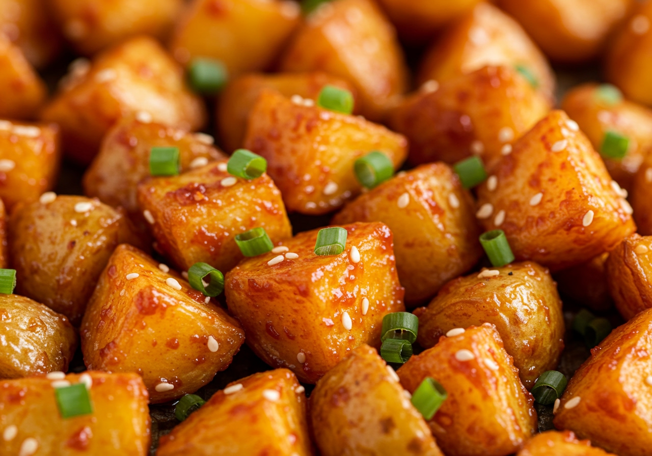 A vibrant close-up shot of perfectly roasted golden-brown potato cubes coated in a glossy, reddish-orange gochujang sauce, garnished with chopped green onions and sesame seeds. The potatoes are slightly charred at the edges, indicating crispiness.
