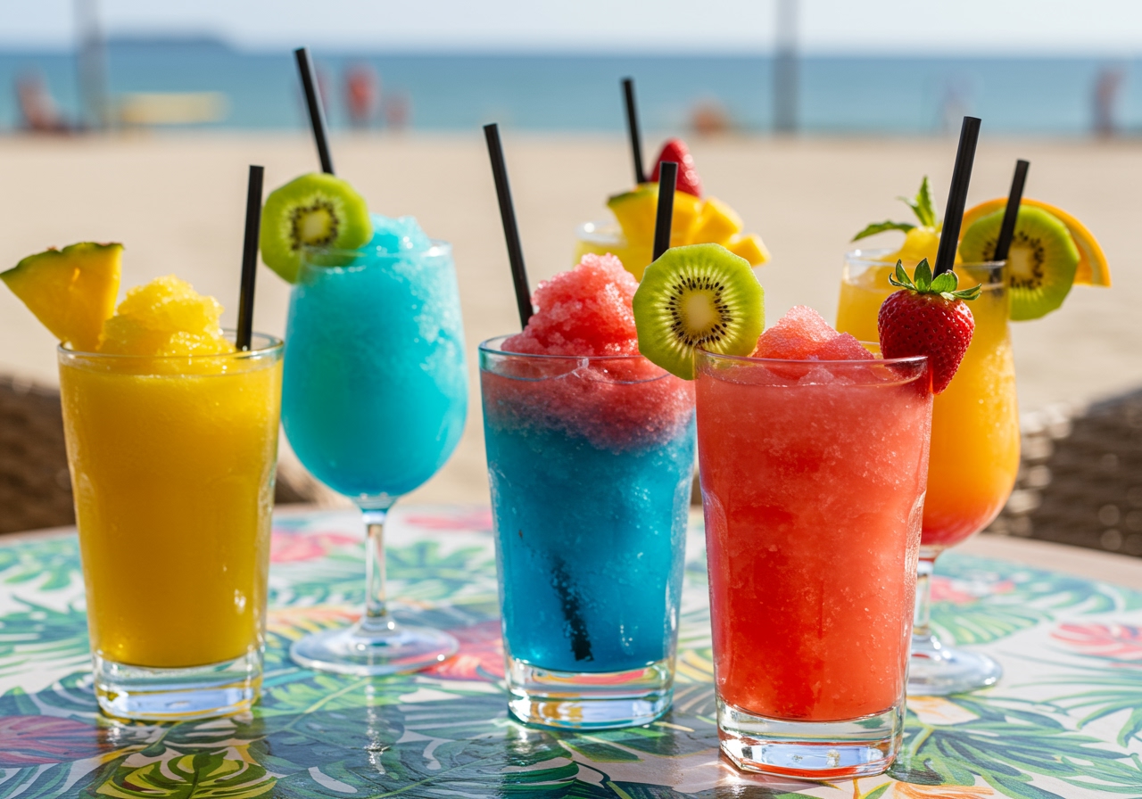 A vibrant, close-up shot of several different frozen cocktails with colorful fruit garnishes, sitting on a sunny outdoor table.