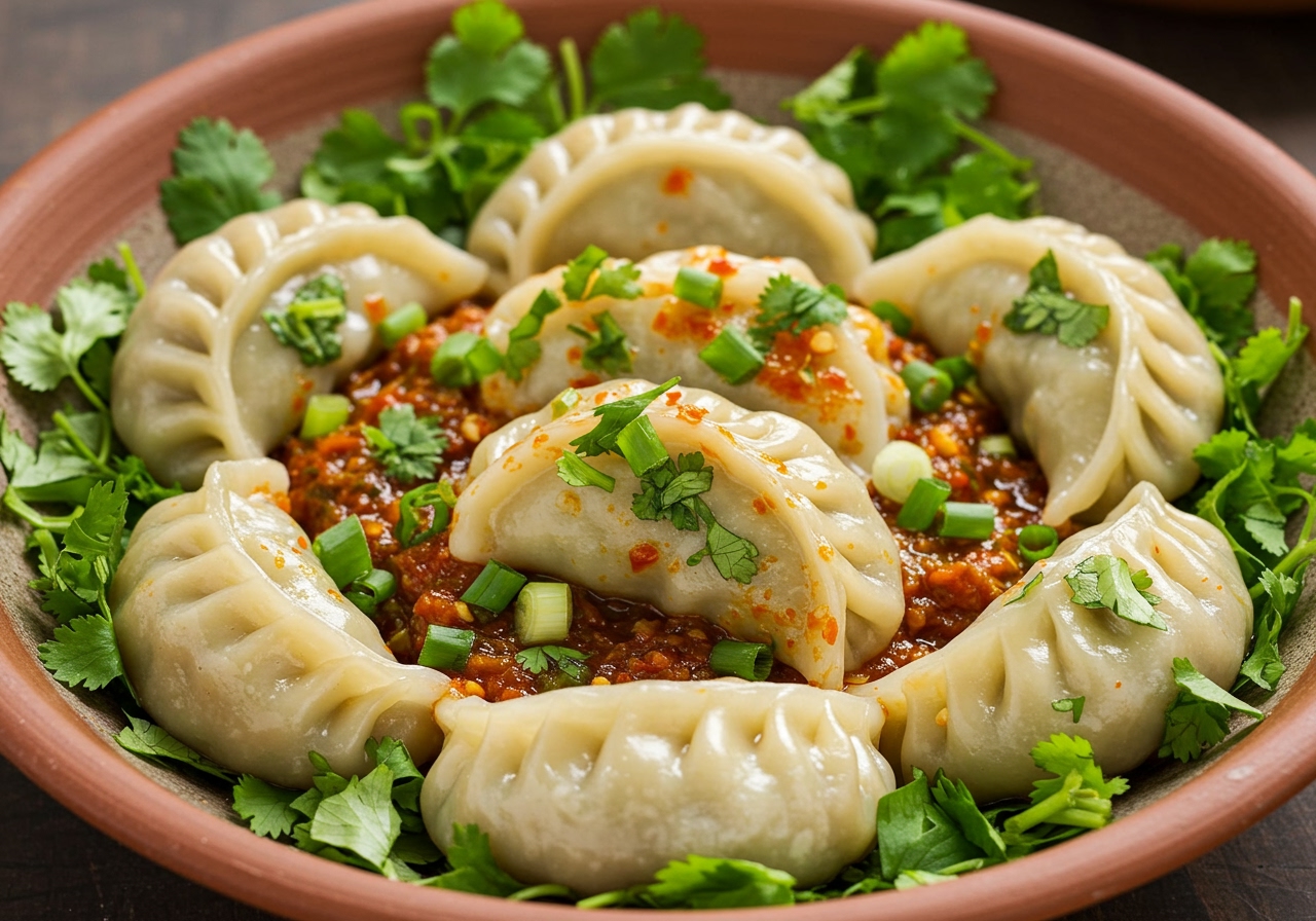 A vibrant cold momo dish served in a bowl, covered in a refreshing aromatic sauce with visible herbs.
