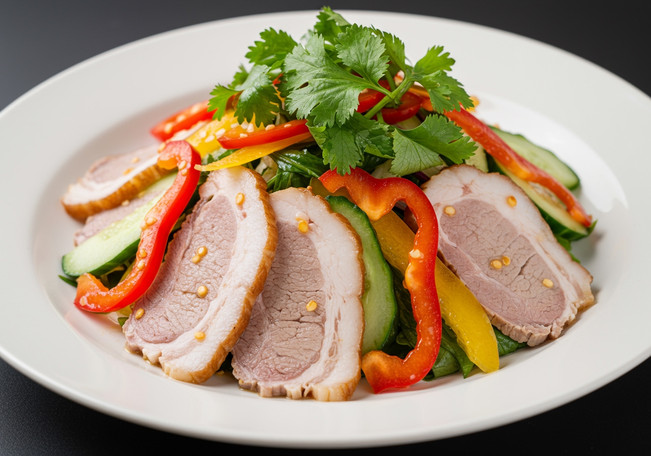 A vibrant cold shabu-shabu salad with colorful vegetables and thinly sliced pork, artfully arranged on a plate.