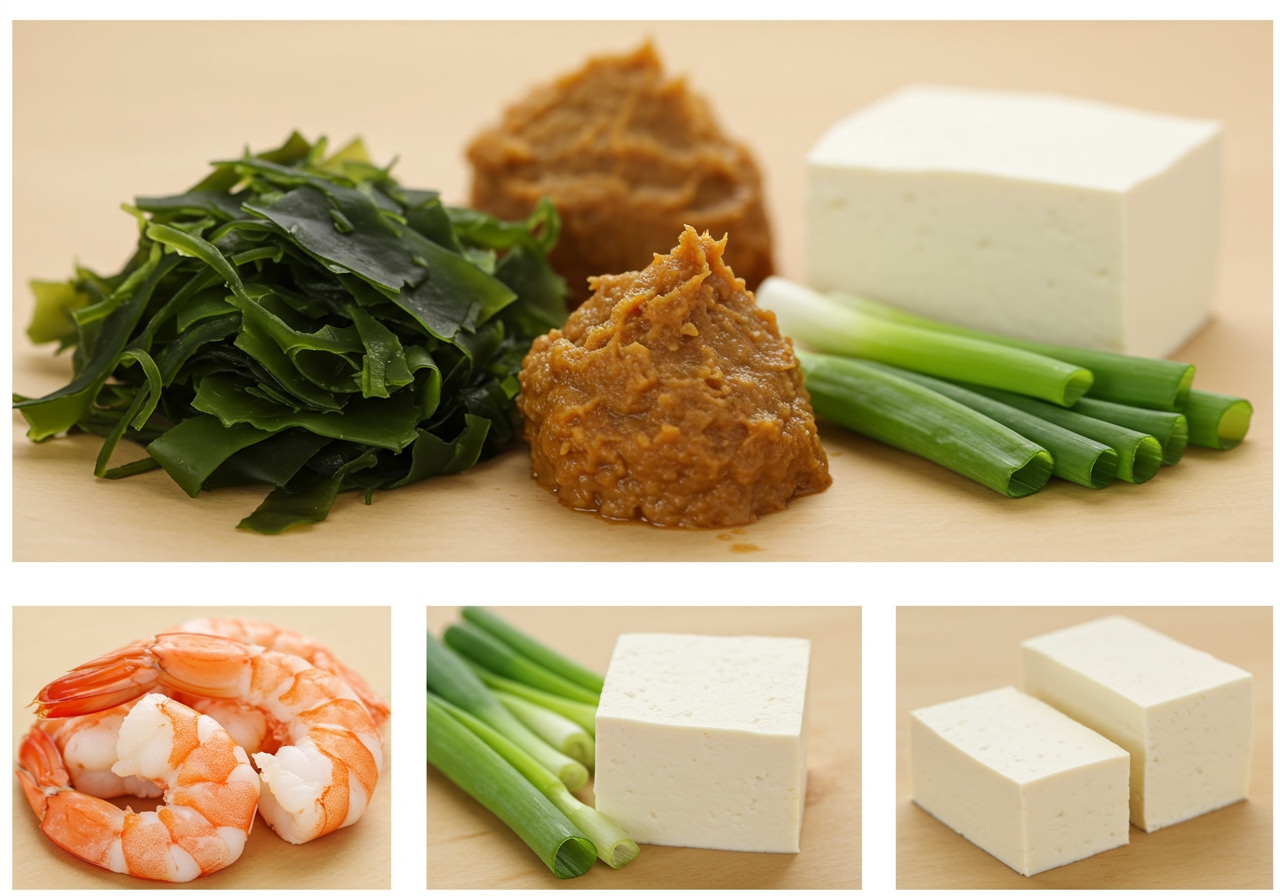A vibrant collage of ingredients for miso soup: fresh shrimp, rehydrated wakame seaweed, miso paste, green onions, and maybe a small block of tofu.