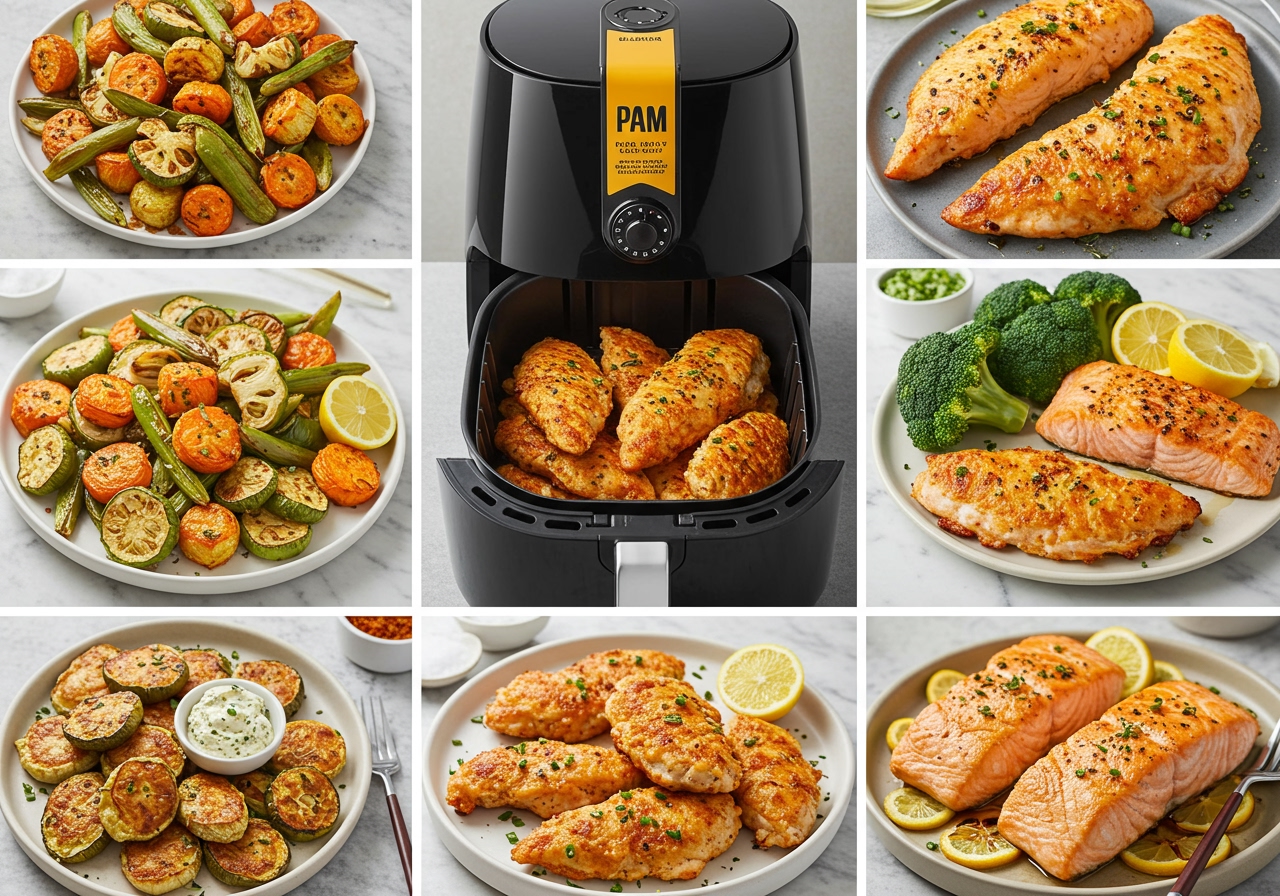 A vibrant collage of various healthy dishes cooked in an air fryer using PAM spray: crispy roasted vegetables, golden chicken tenders, and perfectly cooked salmon, all looking appetizing and wholesome.