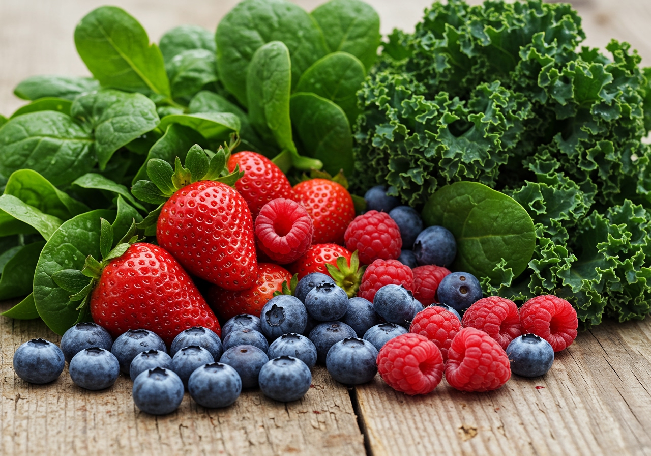 A vibrant collection of fresh berries (strawberries, blueberries, raspberries) and leafy greens (spinach, kale) arranged appealingly on a rustic wooden table.