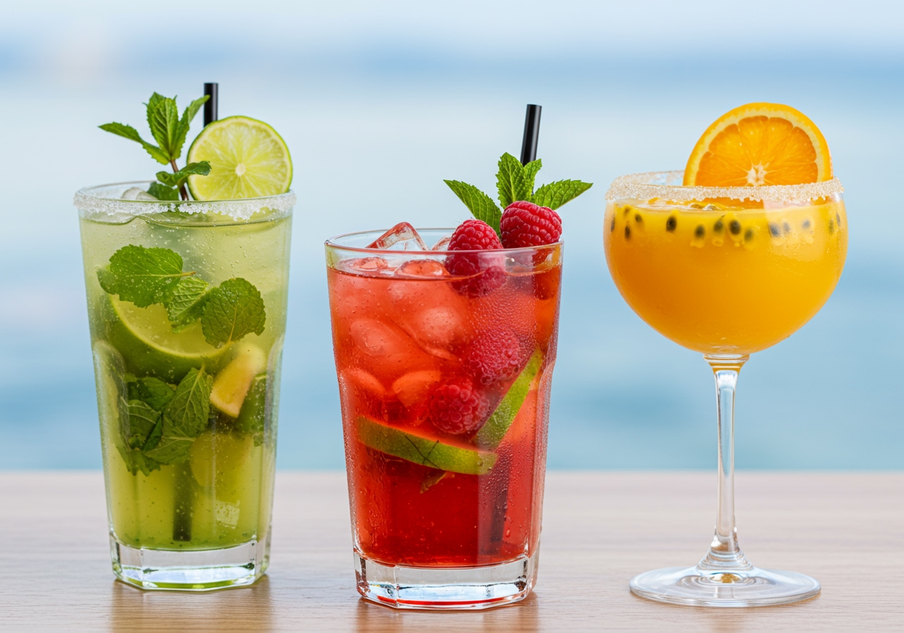 A vibrant collection of fruit mojitos in different glasses - one red (strawberry/raspberry), one orange (mango/passionfruit), one green (classic or kiwi?), all garnished beautifully with fruit and mint.