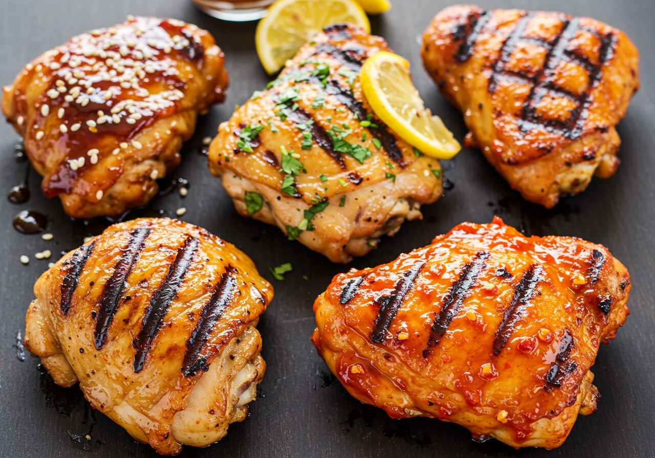 A vibrant collection of grilled chicken thigh variations: one with teriyaki glaze, another with herbs and lemon, and a third with a spicy Korean gochujang sauce.