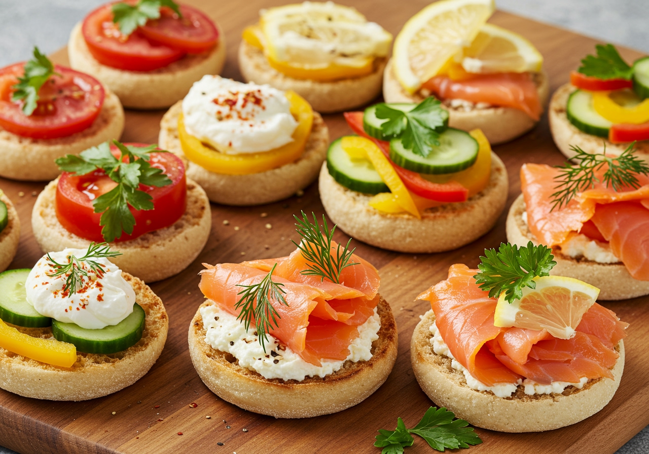 A vibrant collection of healthy English muffin appetizers on a wooden board, featuring various toppings like colorful vegetables, smoked salmon, and herbs.