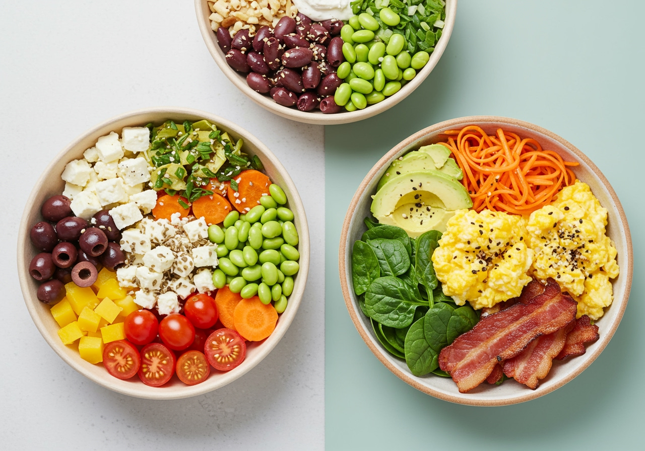 A vibrant collection of three different Lavartini bowls side-by-side, each with a distinct theme: one Mediterranean, one Asian, and one a hearty breakfast bowl, all presented attractively.