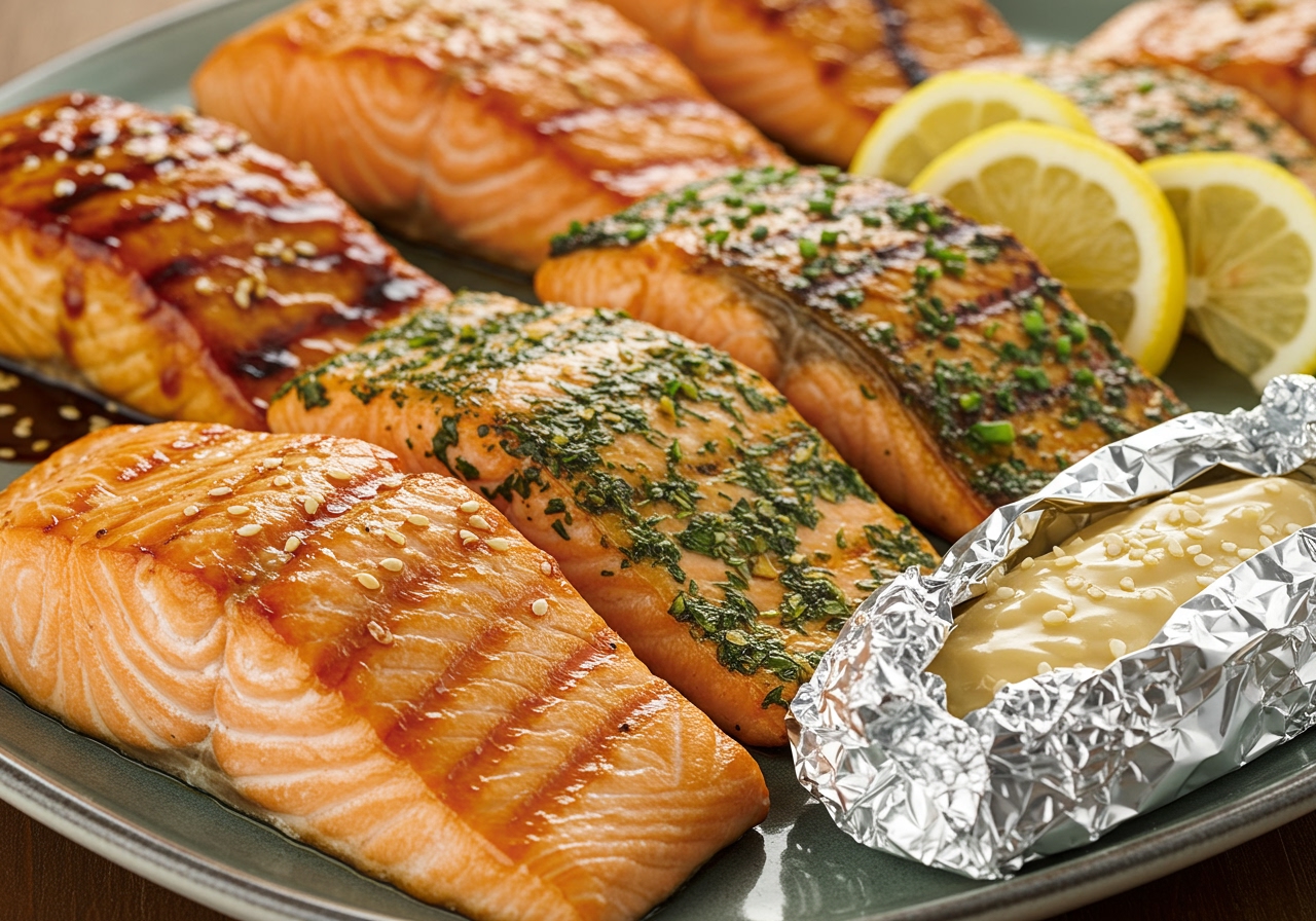 A vibrant, colorful array of grilled salmon fillets prepared with different marinades – one with teriyaki glaze, one with fresh herbs and lemon, and one wrapped in foil with miso sauce, on a platter.