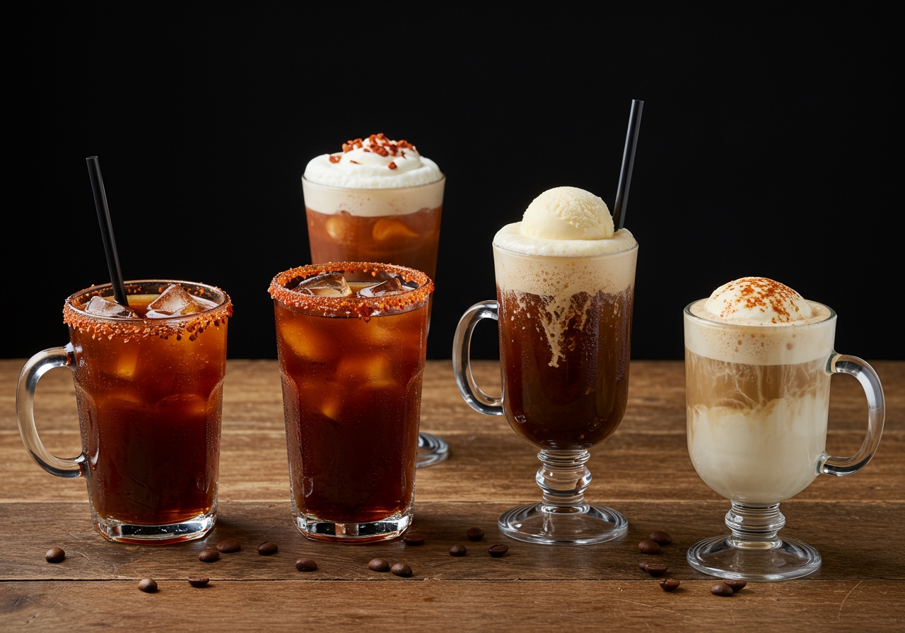 A vibrant, colorful array of Mexican coffee cocktail variations: one iced, one with a chili rim, one non-alcoholic with extra whipped cream, and one coffee float with a scoop of vanilla ice cream. All presented attractively.