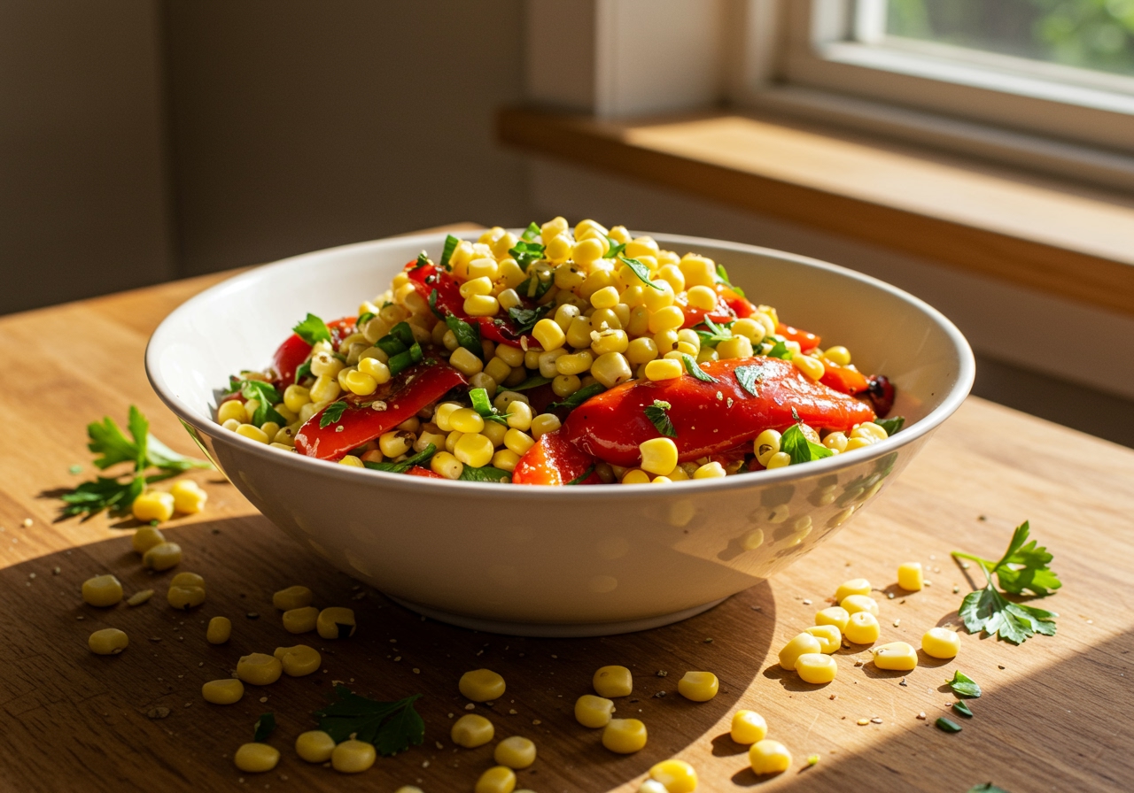 A vibrant, colorful bowl of corn and roasted red pepper salad, with fresh herbs and a light dressing, presented on a rustic wooden table.